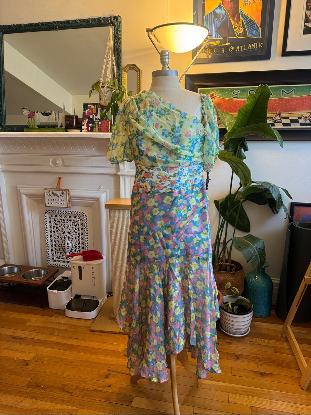 AMUR Pastel Floral Midi Dress in Green, Blue, Pink